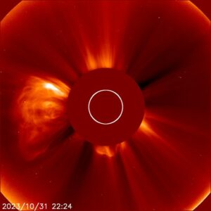 Coronagraph imagery showing the CME that came from the filament eruption observed on 31 October from the southeast quadrant of the Sun.