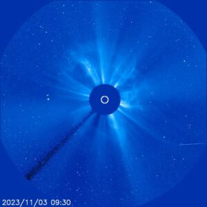 Coronagraph imagery showing the CME that came from the large filament eruption observed on 3 November from the northwest quadrant of the Sun. This was a partial halo CME.